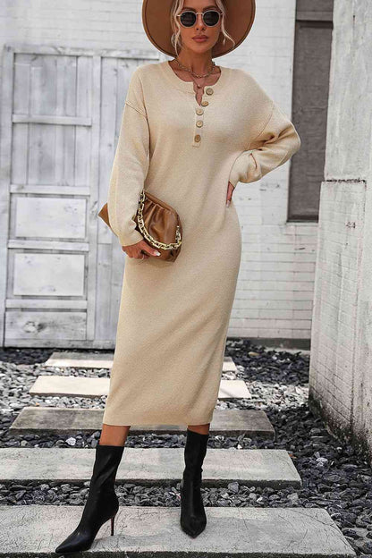 Notched Neck Dropped Shoulder Button-Down Midi Dress - Sweater Dresses - FITGGINS