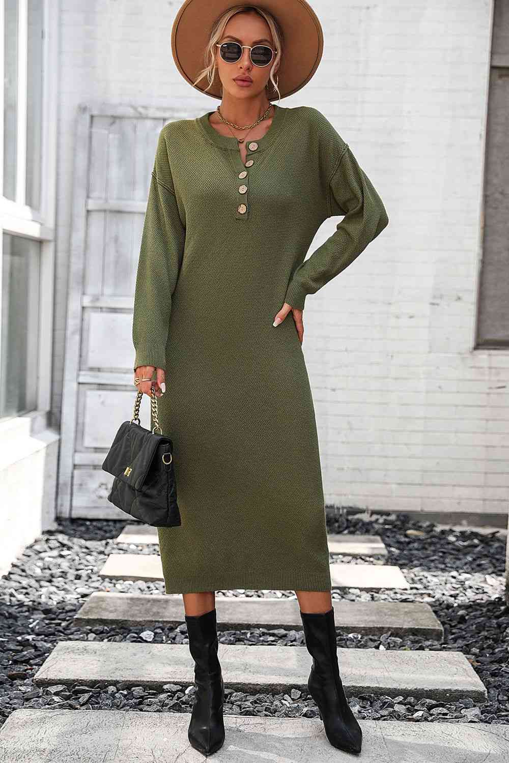 Notched Neck Dropped Shoulder Button-Down Midi Dress - Sweater Dresses - FITGGINS