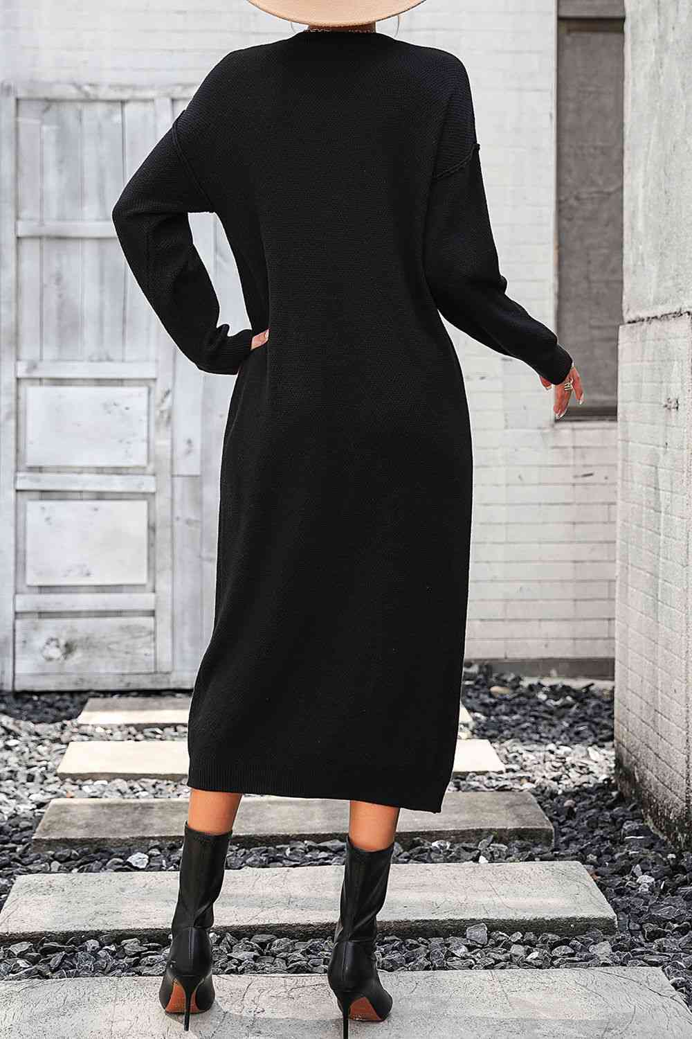 Notched Neck Dropped Shoulder Button-Down Midi Dress - Sweater Dresses - FITGGINS