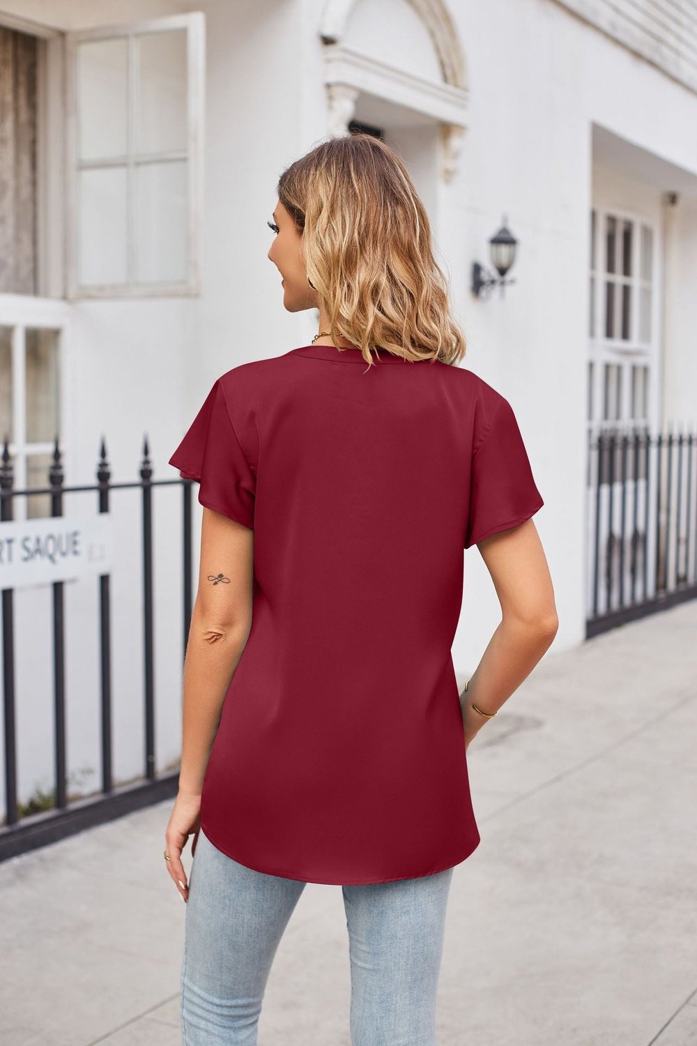 Notched Neck Flutter Sleeve Satin Top - T-Shirts - FITGGINS