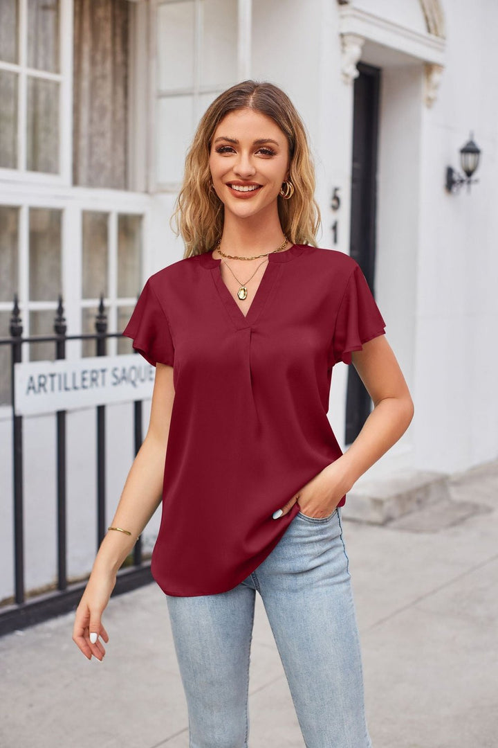 Notched Neck Flutter Sleeve Satin Top - T-Shirts - FITGGINS