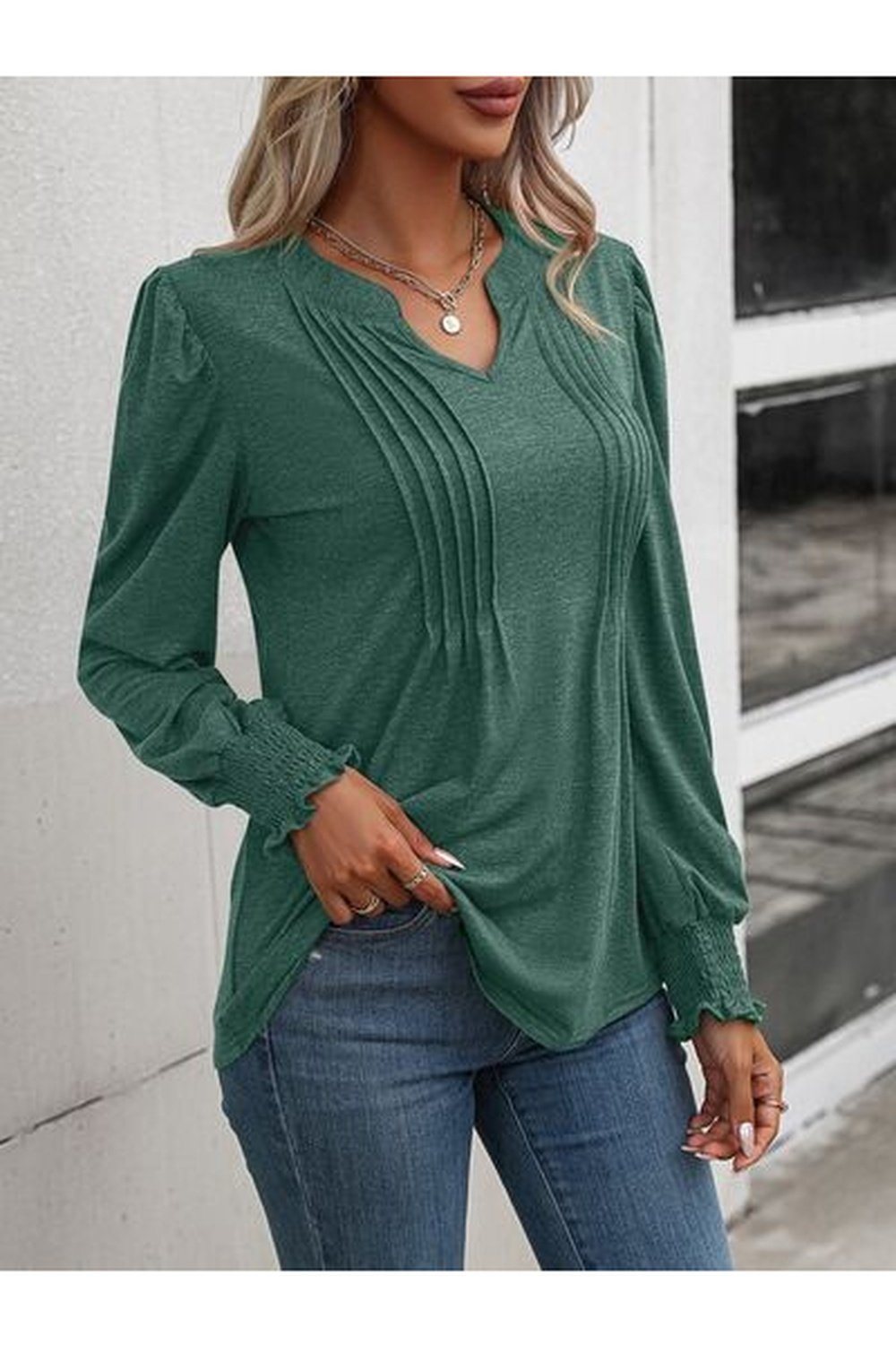 Notched Smocked Lantern Sleeve Blouse - Blouses - FITGGINS
