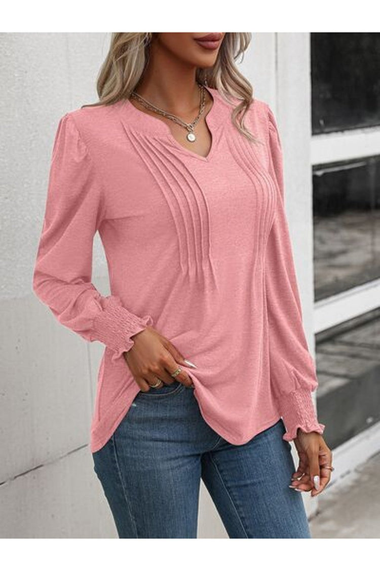 Notched Smocked Lantern Sleeve Blouse - Blouses - FITGGINS
