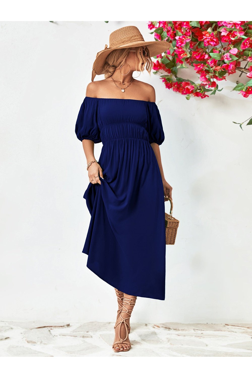 Off-Shoulder Balloon Sleeve Midi Dress - Cocktail Dresses - FITGGINS