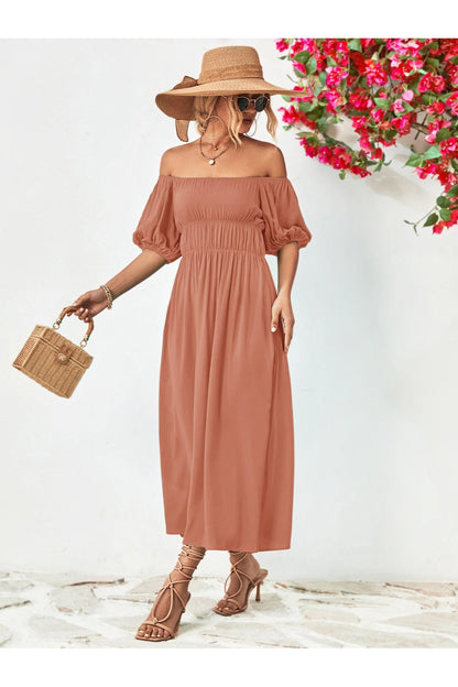 Off-Shoulder Balloon Sleeve Midi Dress - Cocktail Dresses - FITGGINS