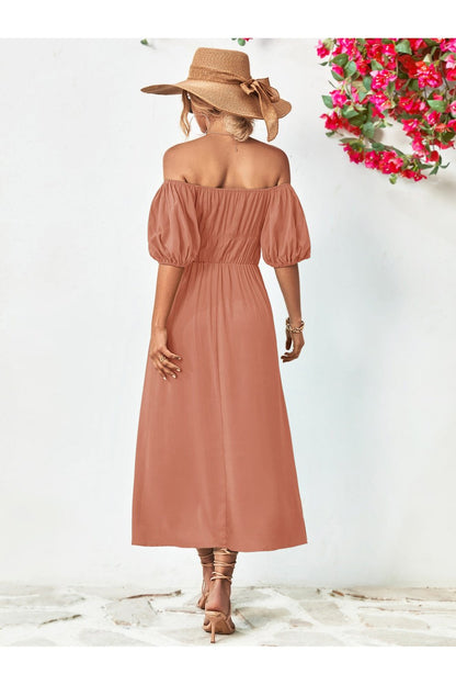 Off-Shoulder Balloon Sleeve Midi Dress - Cocktail Dresses - FITGGINS