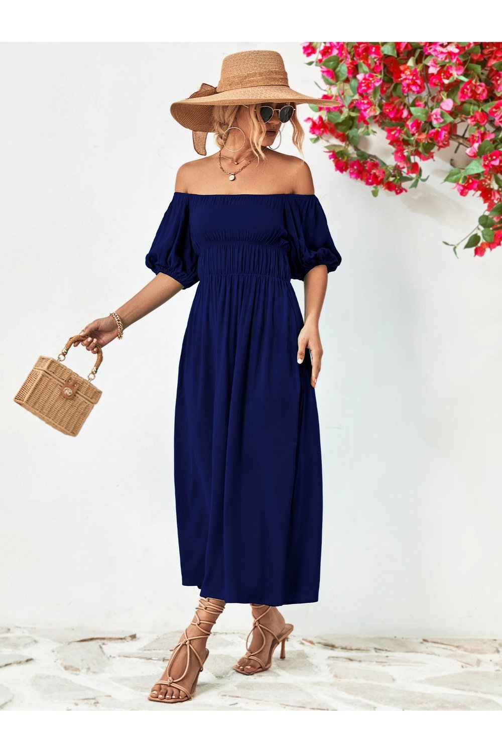 Off-Shoulder Balloon Sleeve Midi Dress - Cocktail Dresses - FITGGINS