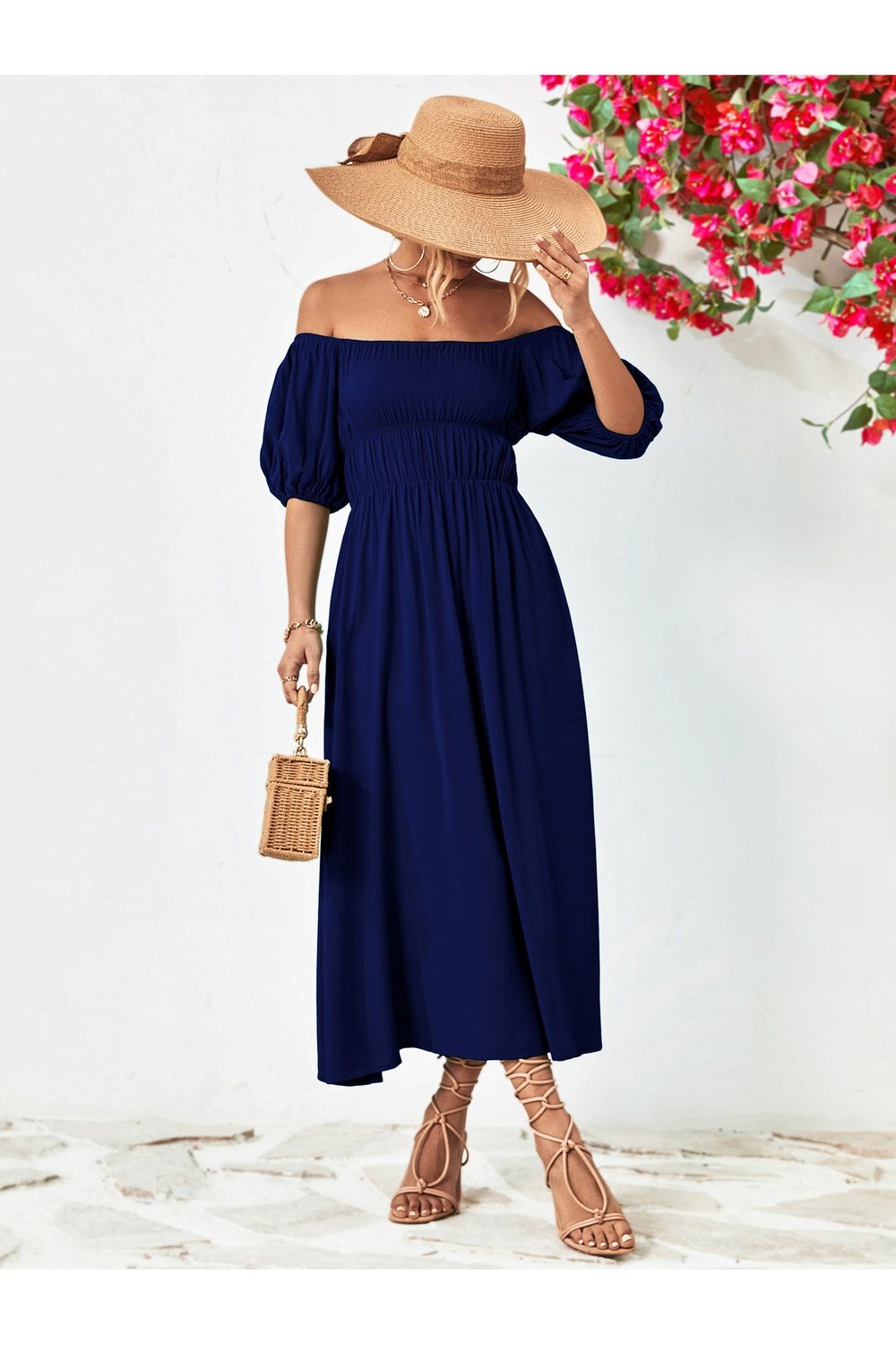 Off-Shoulder Balloon Sleeve Midi Dress - Cocktail Dresses - FITGGINS