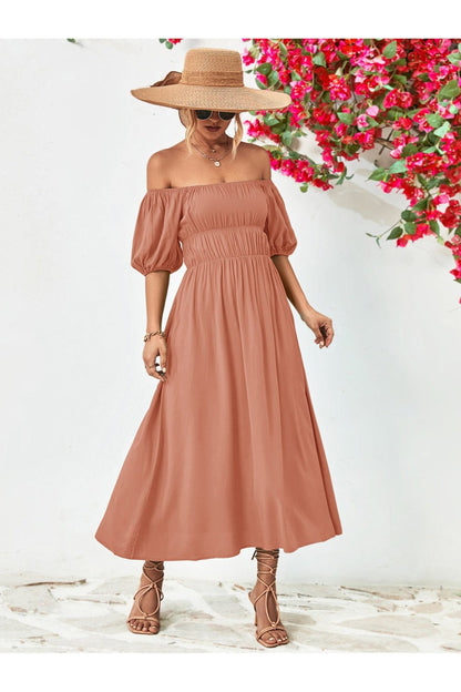 Off-Shoulder Balloon Sleeve Midi Dress - Cocktail Dresses - FITGGINS