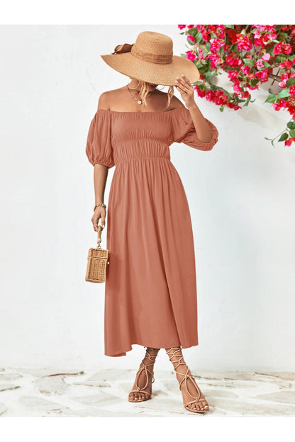 Off-Shoulder Balloon Sleeve Midi Dress - Cocktail Dresses - FITGGINS