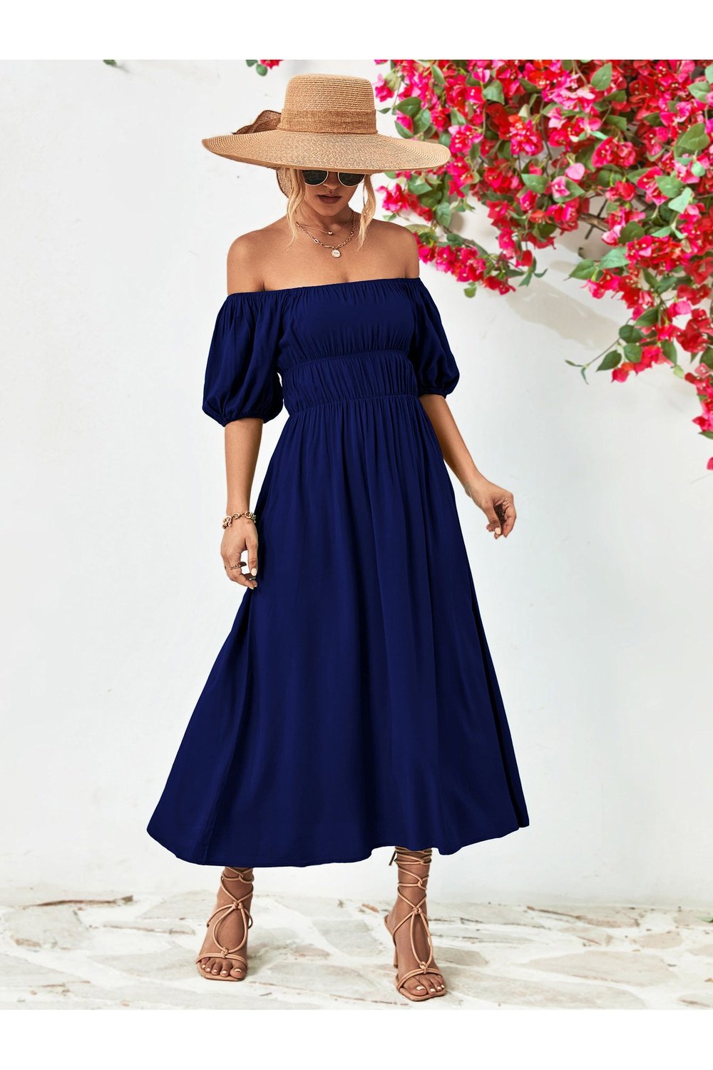 Off-Shoulder Balloon Sleeve Midi Dress - Cocktail Dresses - FITGGINS