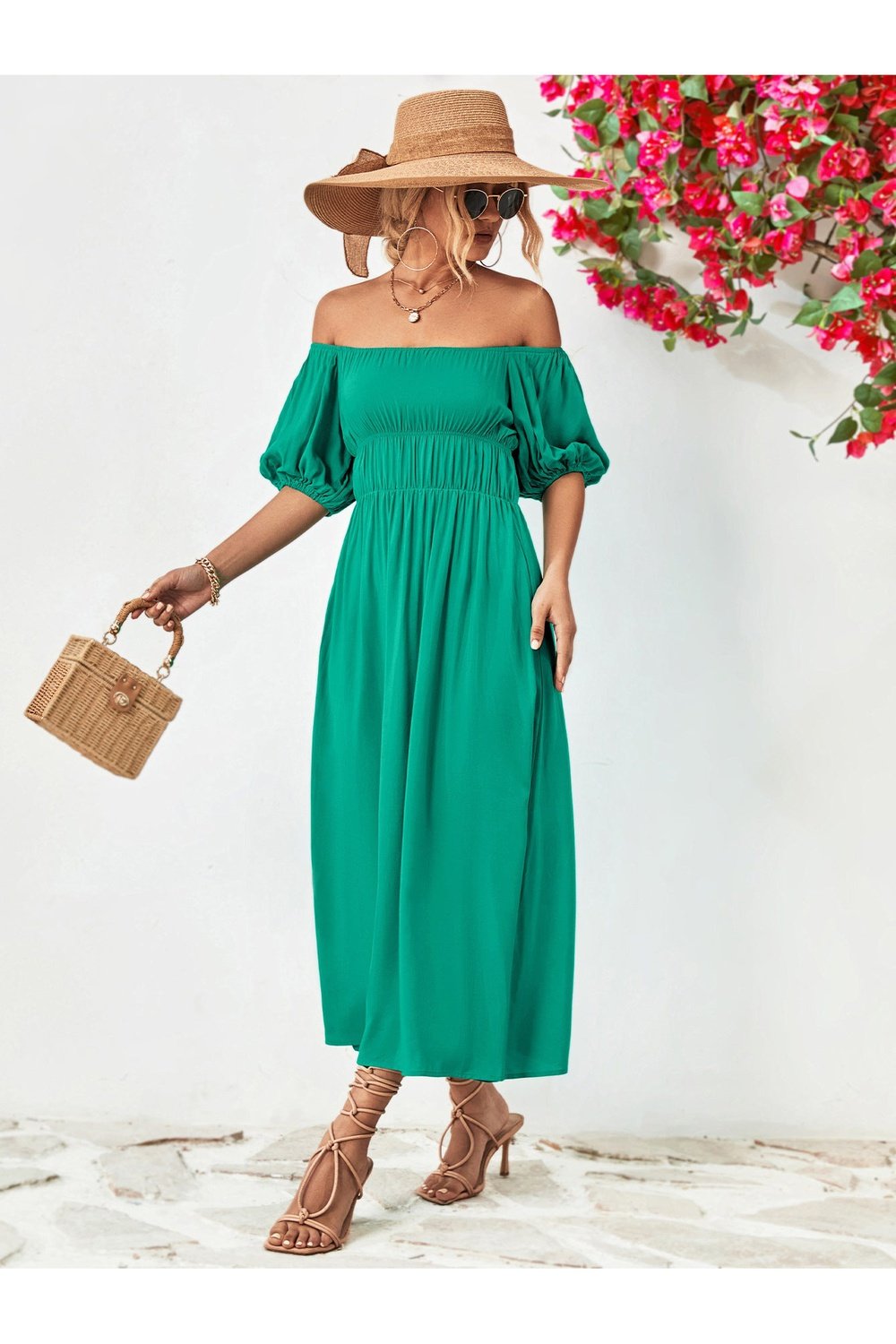 Off-Shoulder Balloon Sleeve Midi Dress - Cocktail Dresses - FITGGINS