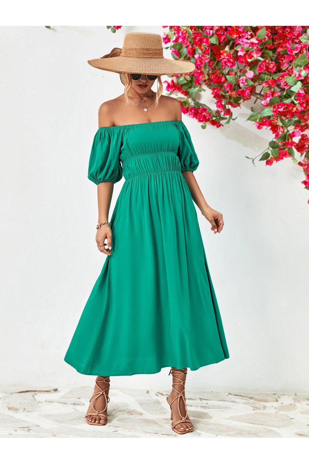 Off-Shoulder Balloon Sleeve Midi Dress - Cocktail Dresses - FITGGINS