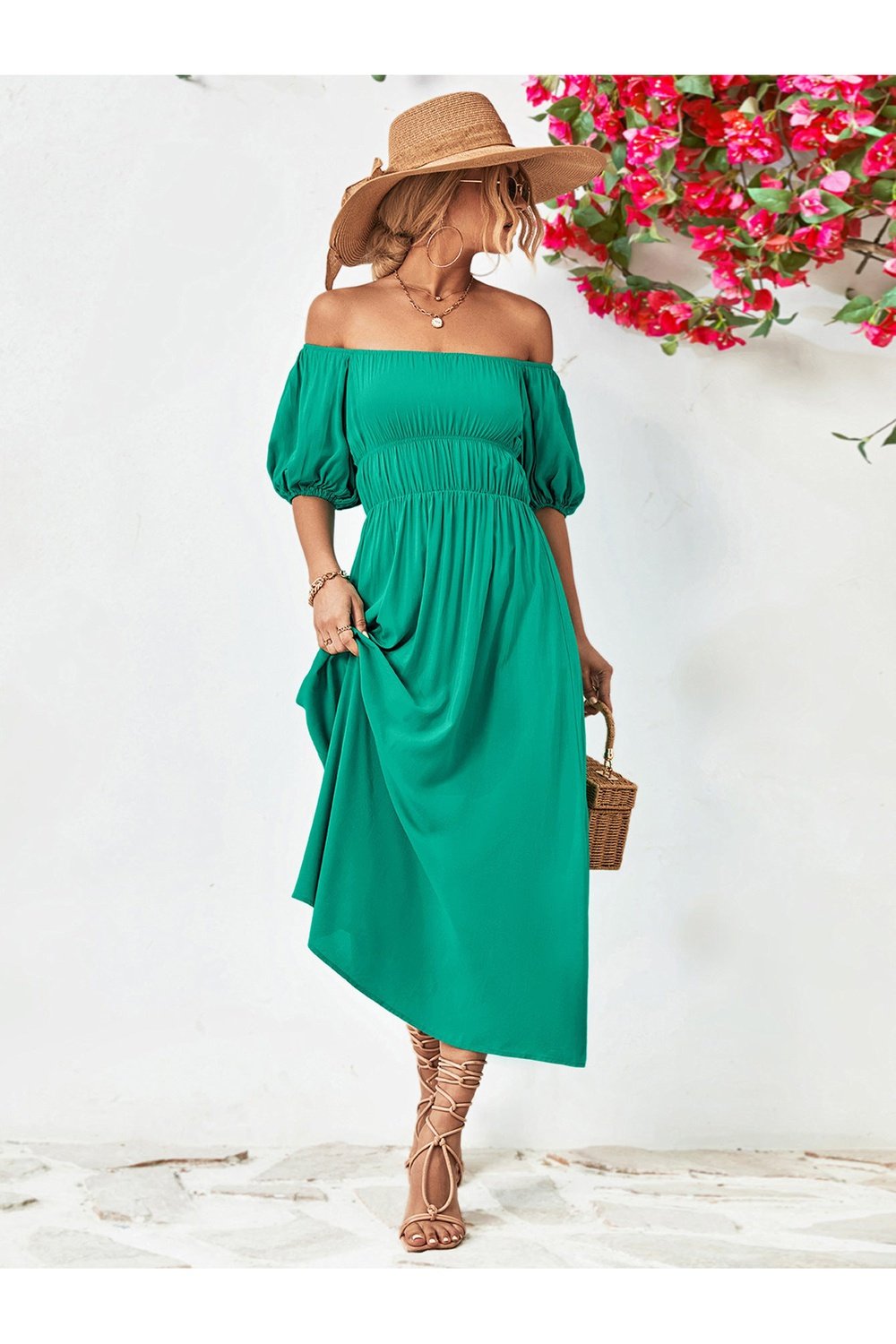 Off-Shoulder Balloon Sleeve Midi Dress - Cocktail Dresses - FITGGINS