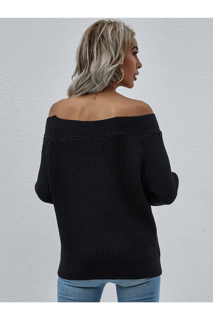 Off-Shoulder Rib-Knit Sweater - Pullover Sweaters - FITGGINS