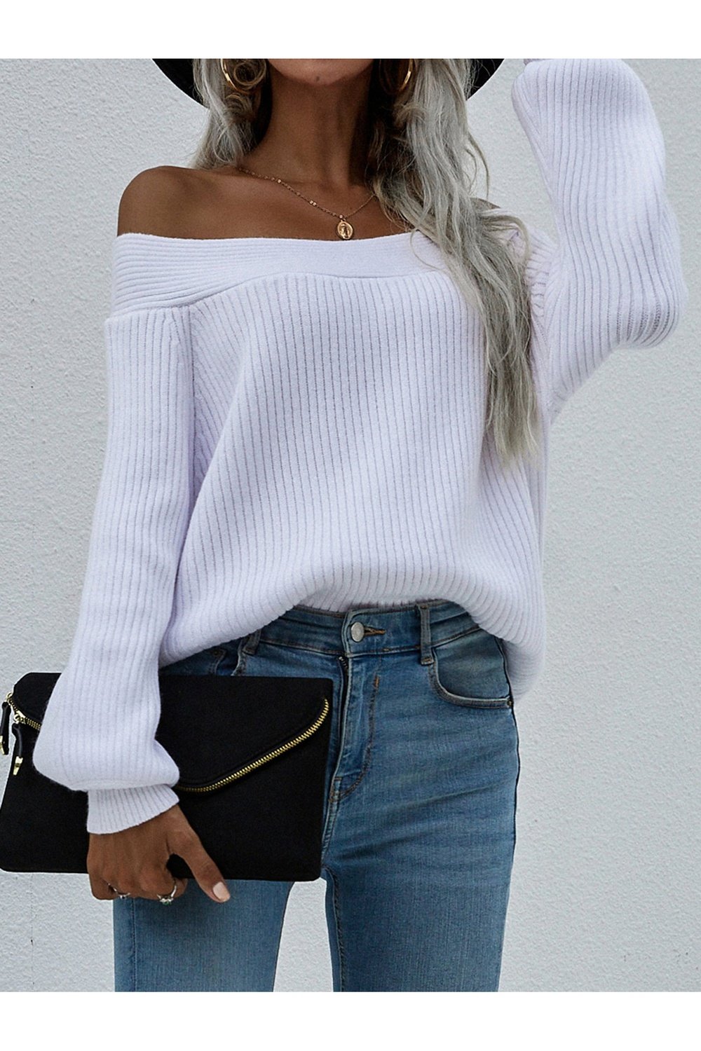 Off-Shoulder Rib-Knit Sweater - Pullover Sweaters - FITGGINS