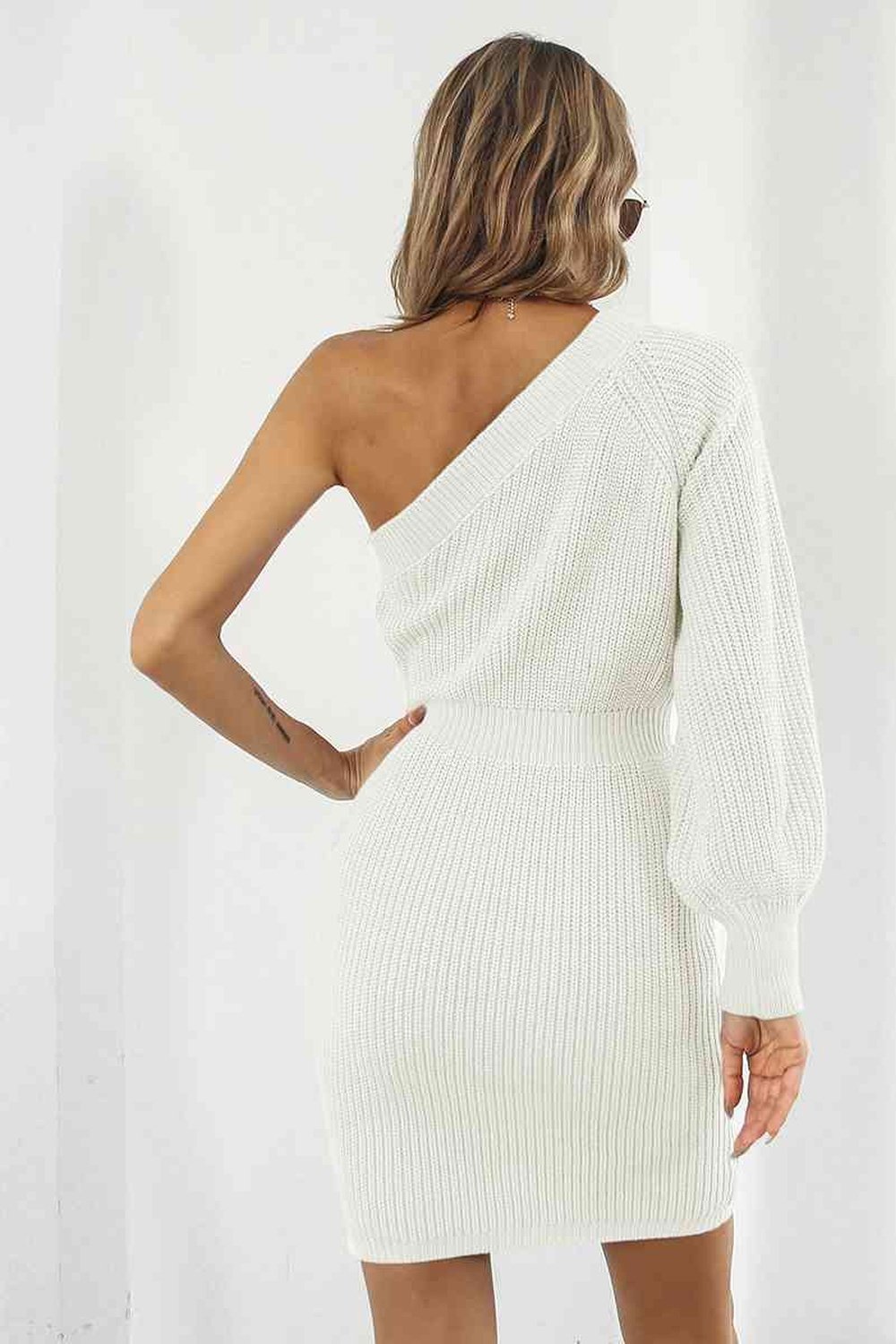 One-Shoulder Mini Sweater Dress - Sweater Dresses - FITGGINS