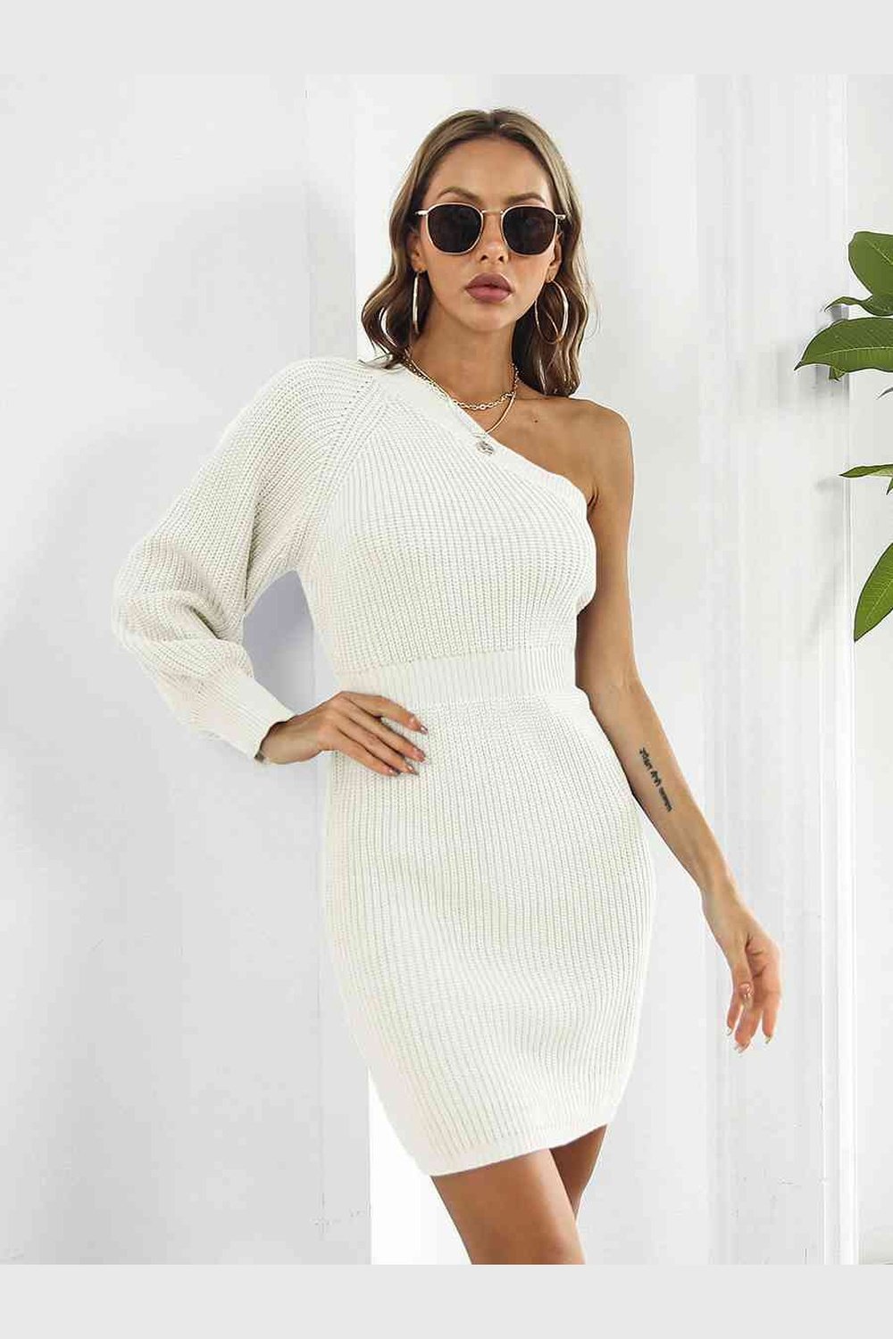 One-Shoulder Mini Sweater Dress - Sweater Dresses - FITGGINS