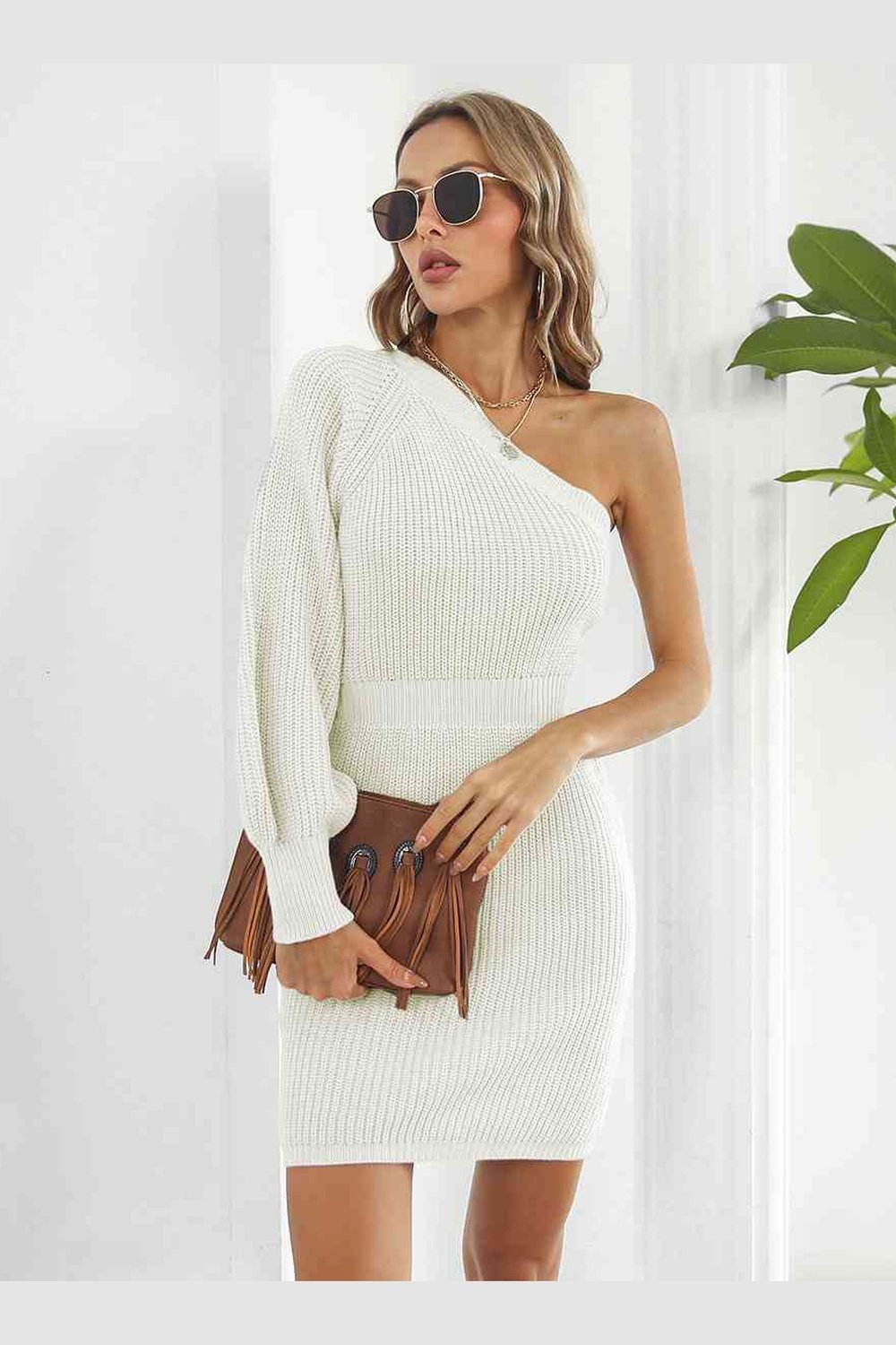 One-Shoulder Mini Sweater Dress - Sweater Dresses - FITGGINS