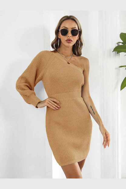 One-Shoulder Mini Sweater Dress - Sweater Dresses - FITGGINS