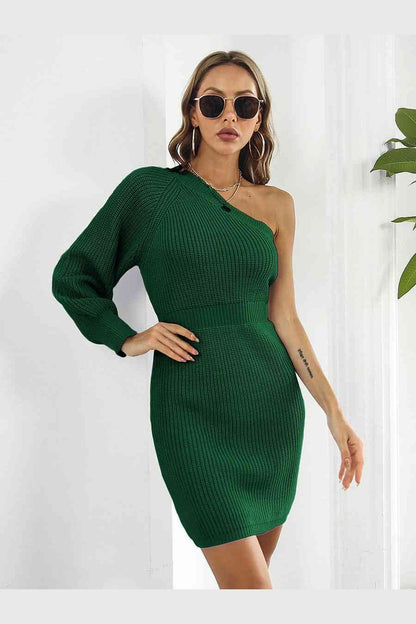 One-Shoulder Mini Sweater Dress - Sweater Dresses - FITGGINS