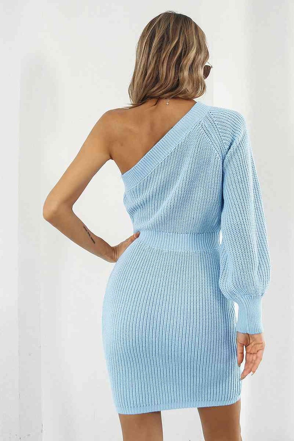 One-Shoulder Mini Sweater Dress - Sweater Dresses - FITGGINS