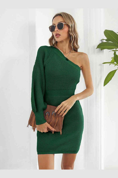 One-Shoulder Mini Sweater Dress - Sweater Dresses - FITGGINS