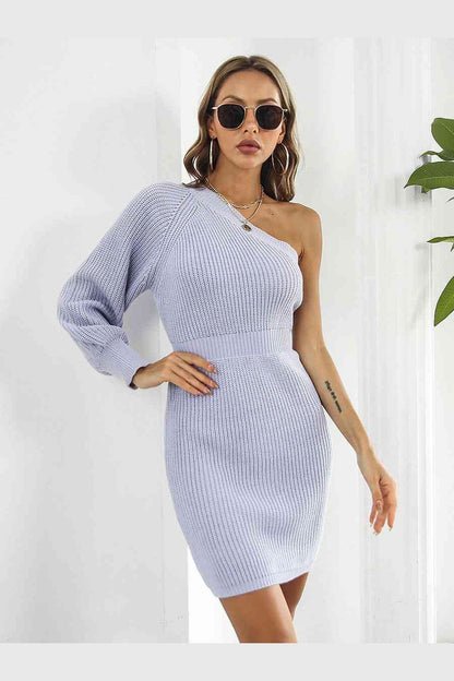 One-Shoulder Mini Sweater Dress - Sweater Dresses - FITGGINS