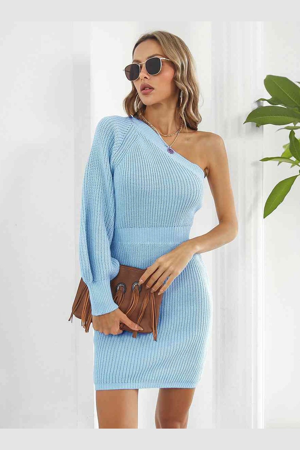 One-Shoulder Mini Sweater Dress - Sweater Dresses - FITGGINS