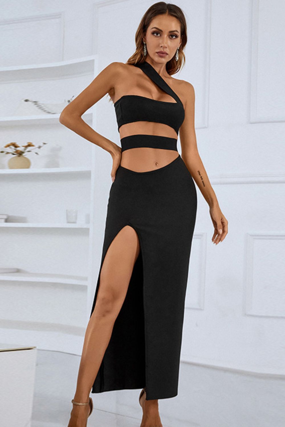 One-Shoulder Cutout Front Split Maxi Dress - Cocktail Dresses - FITGGINS