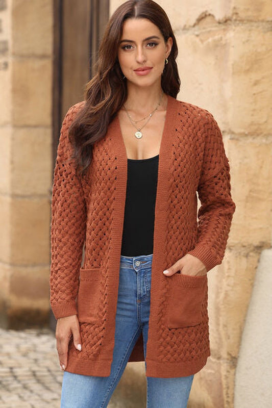 Open Front Dropped Shoulder Cardigan with Pockets - Cardigans - FITGGINS