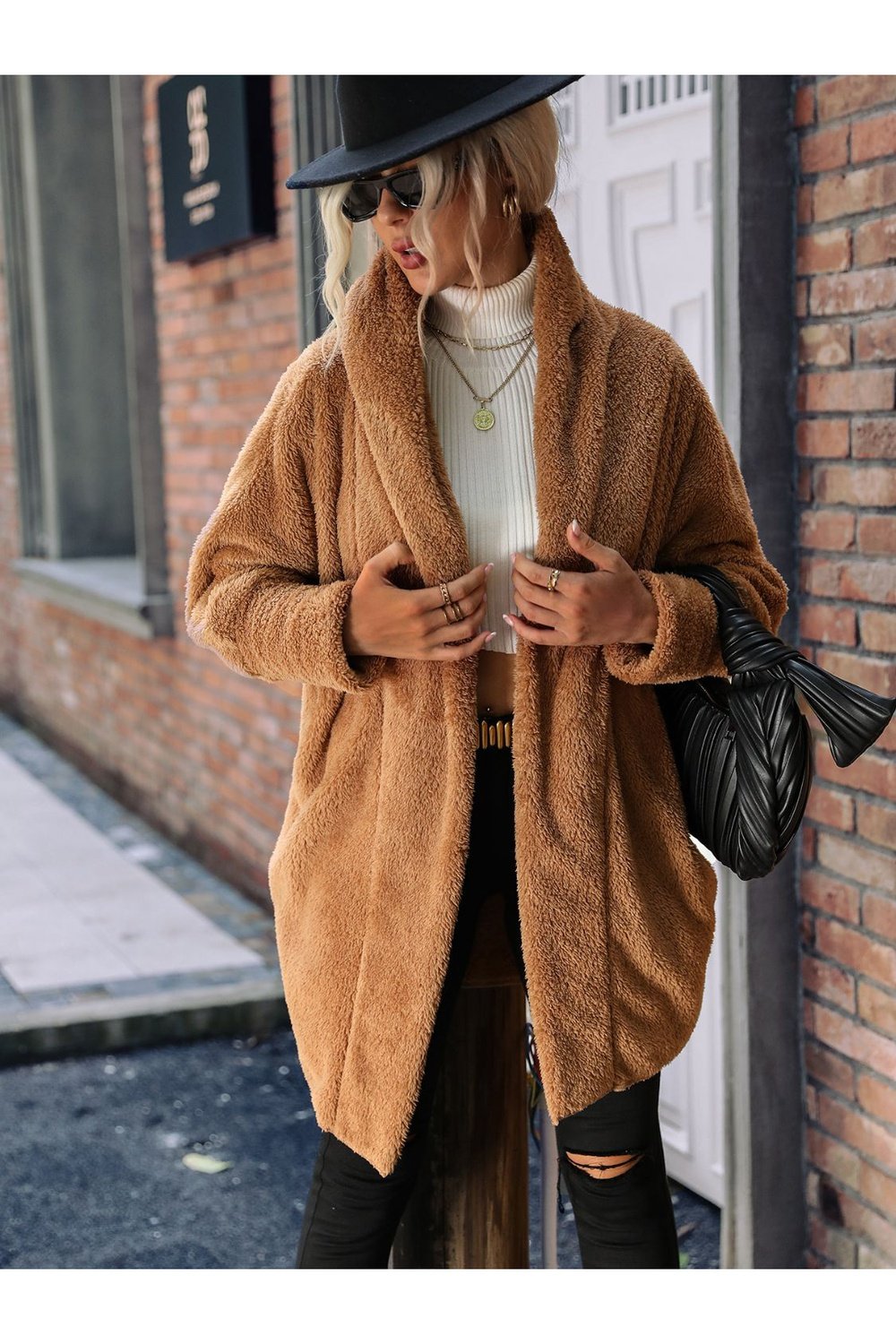 Open Front Hooded Teddy Coat - Jackets - FITGGINS