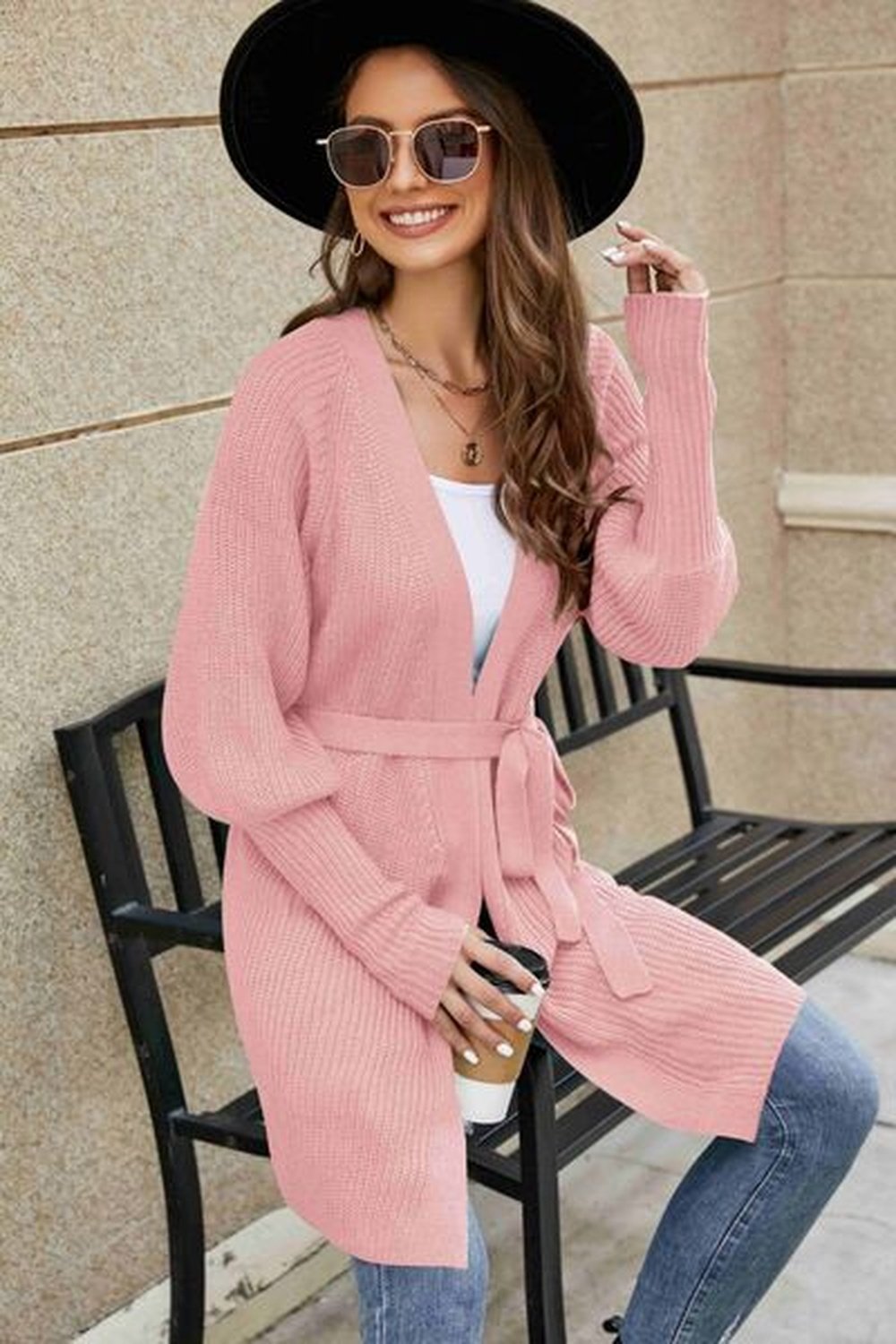 Open Front Lantern Sleeve Cardigan - Cardigans - FITGGINS
