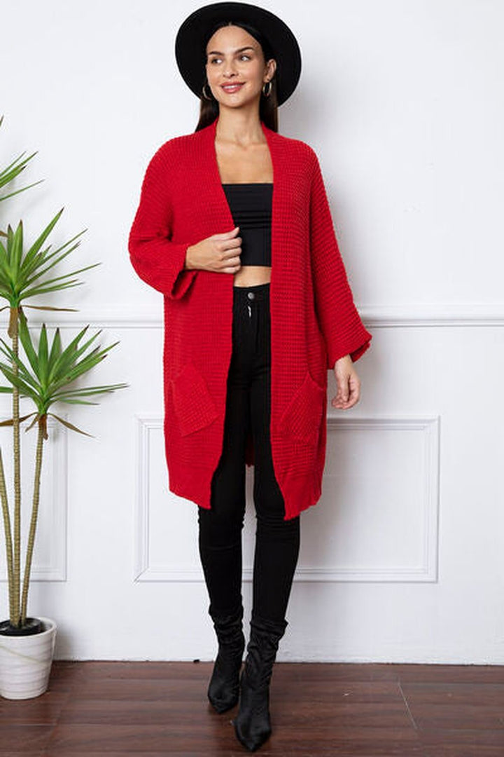 Open Front Long Sleeve Longline Cardigan with Pockets - Cardigans - FITGGINS