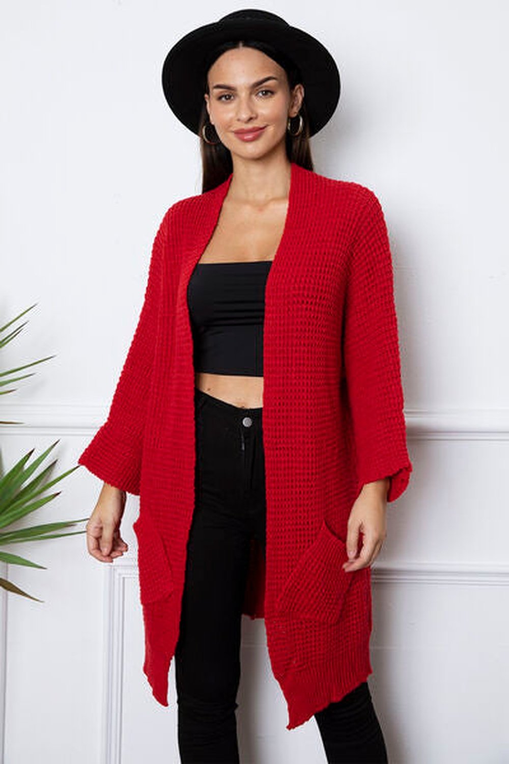 Open Front Long Sleeve Longline Cardigan with Pockets - Cardigans - FITGGINS
