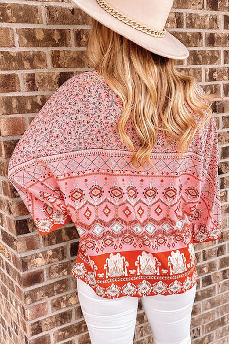 Open Front Printed Kimono Sleeve Cardigan - Cardigans - FITGGINS
