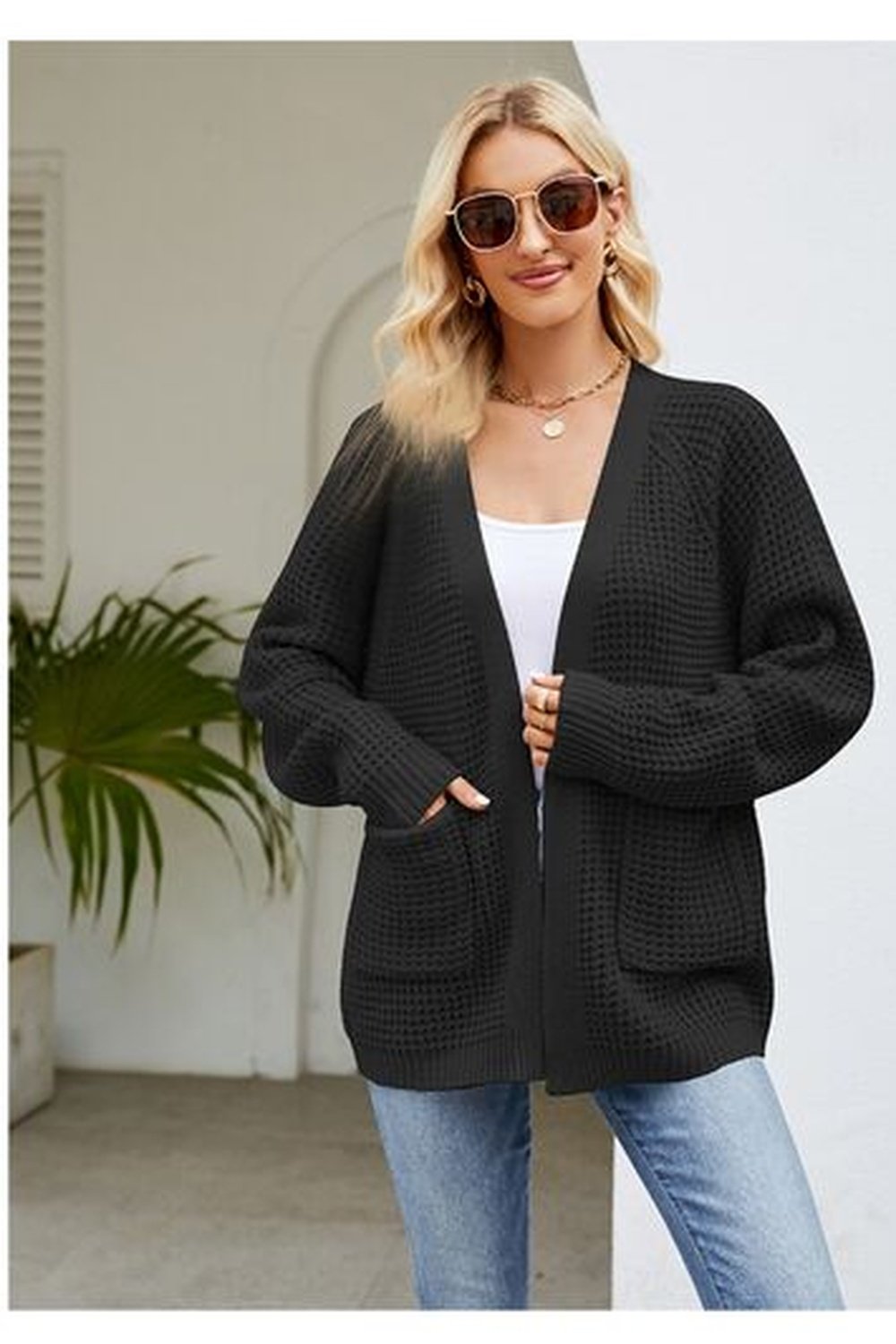 Open Front Raglan Sleeve Pocketed Cardigan - Cardigans - FITGGINS