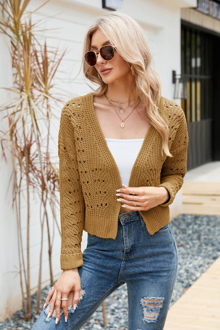 Open Front Cuffed Cropped Cardigan - Cardigans - FITGGINS