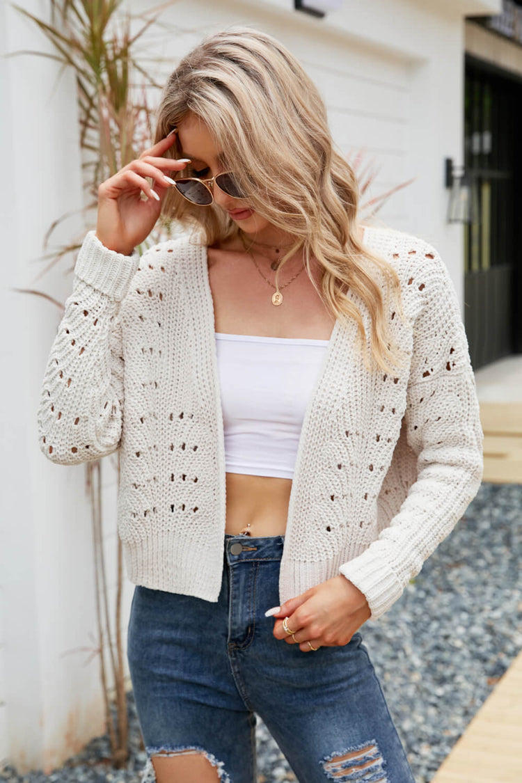 Open Front Cuffed Cropped Cardigan - Cardigans - FITGGINS