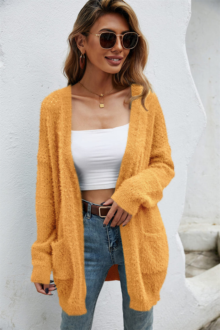 Open Front Openwork Fuzzy Cardigan with Pockets - Cardigans - FITGGINS