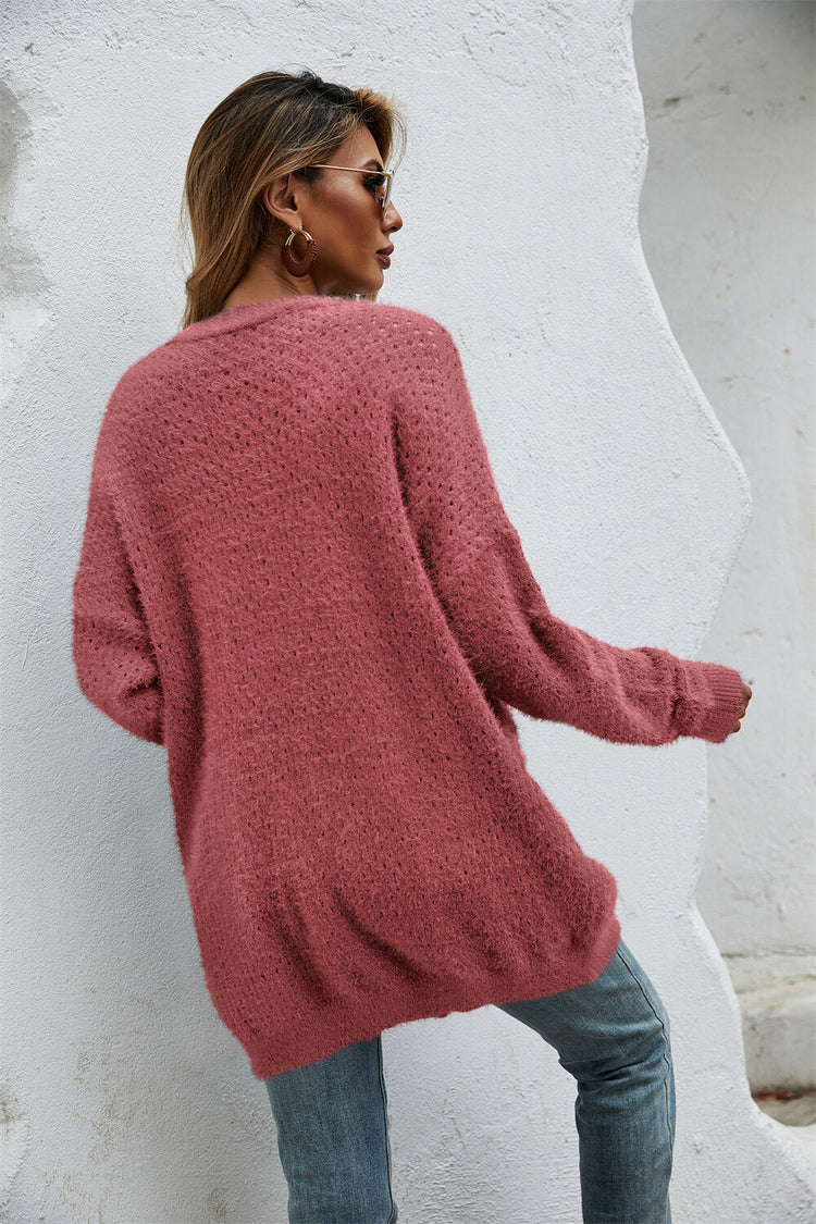 Open Front Openwork Fuzzy Cardigan with Pockets - Cardigans - FITGGINS