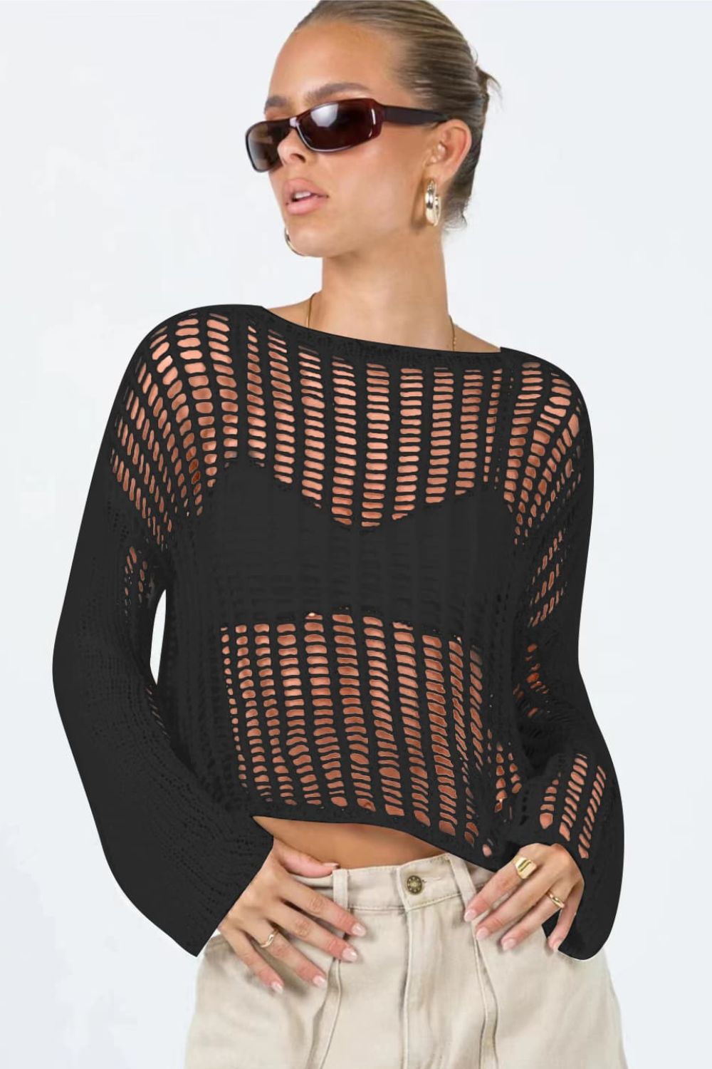 Openwork Boat Neck Long Sleeve Cover Up - Cover-Ups - FITGGINS