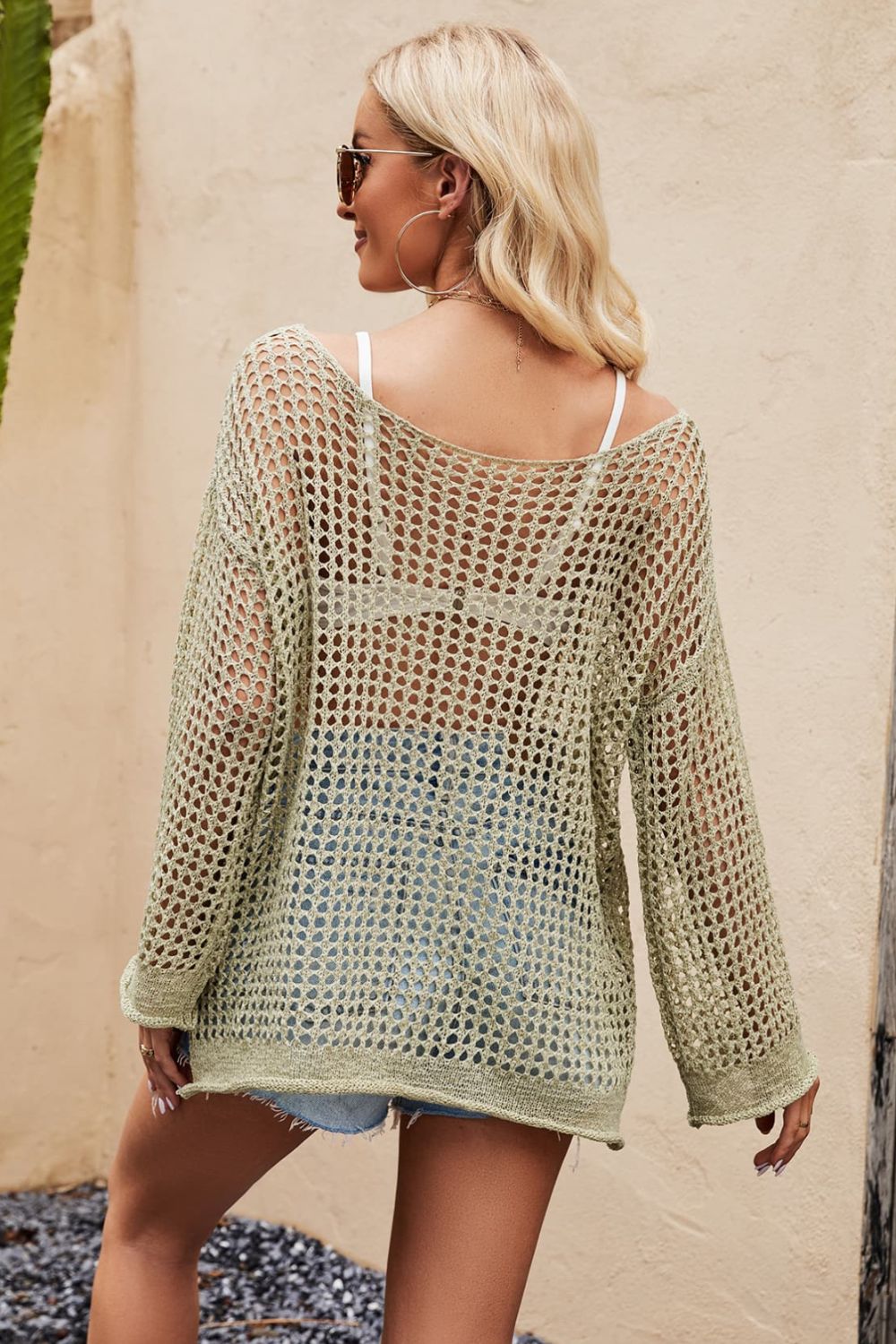 Openwork Round Neck Long Sleeve Cover Up - Cover-Ups - FITGGINS