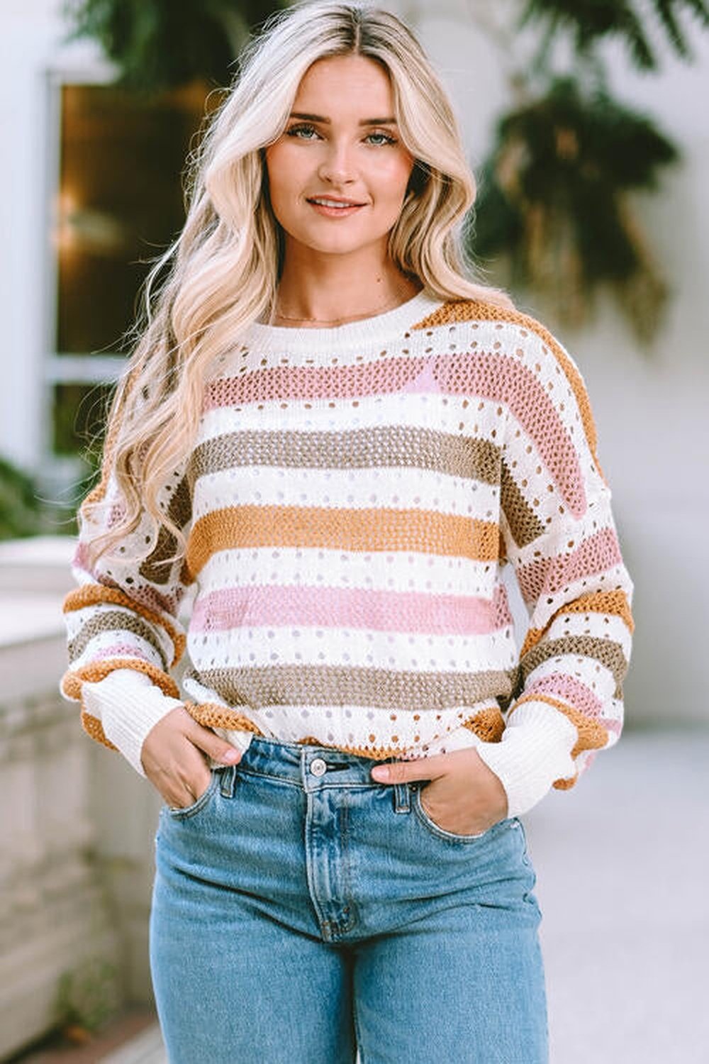 Openwork Striped Round Neck Long Sleeve Knit Top - Pullover Sweaters - FITGGINS