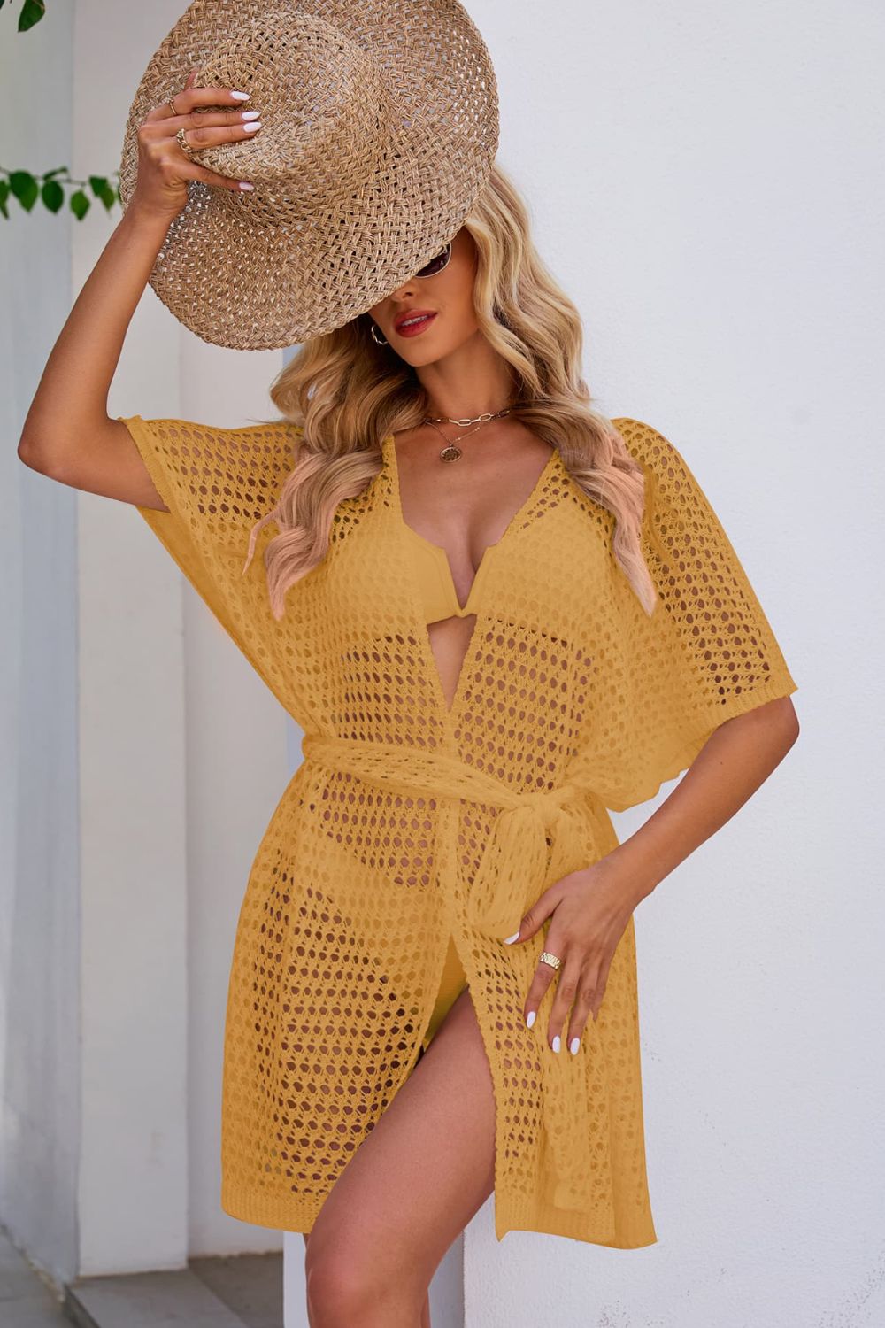 Openwork Tie Waist Cover Up - Cover-Ups - FITGGINS