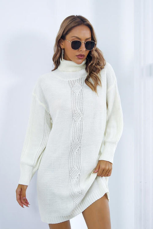 Openwork Turtleneck Long Sleeve Sweater Dress - Sweater Dresses - FITGGINS