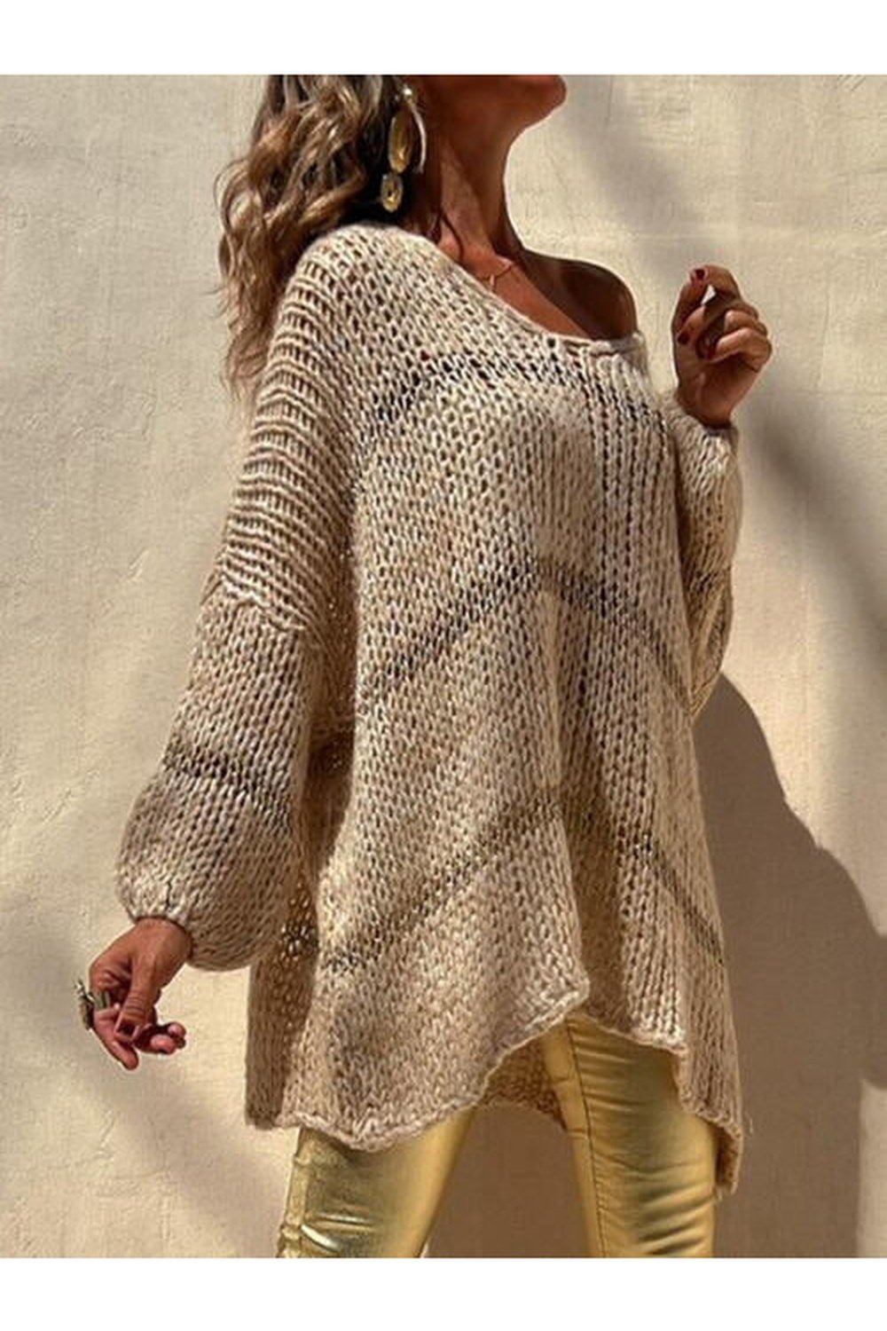 Openwork V-Neck Long Sleeve Sweater - Pullover Sweaters - FITGGINS