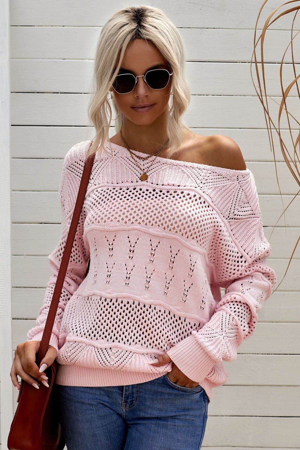 Openwork Boat Neck Pullover Sweater - Pullover Sweaters - FITGGINS