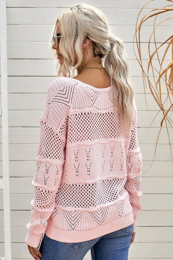 Openwork Boat Neck Pullover Sweater - Pullover Sweaters - FITGGINS