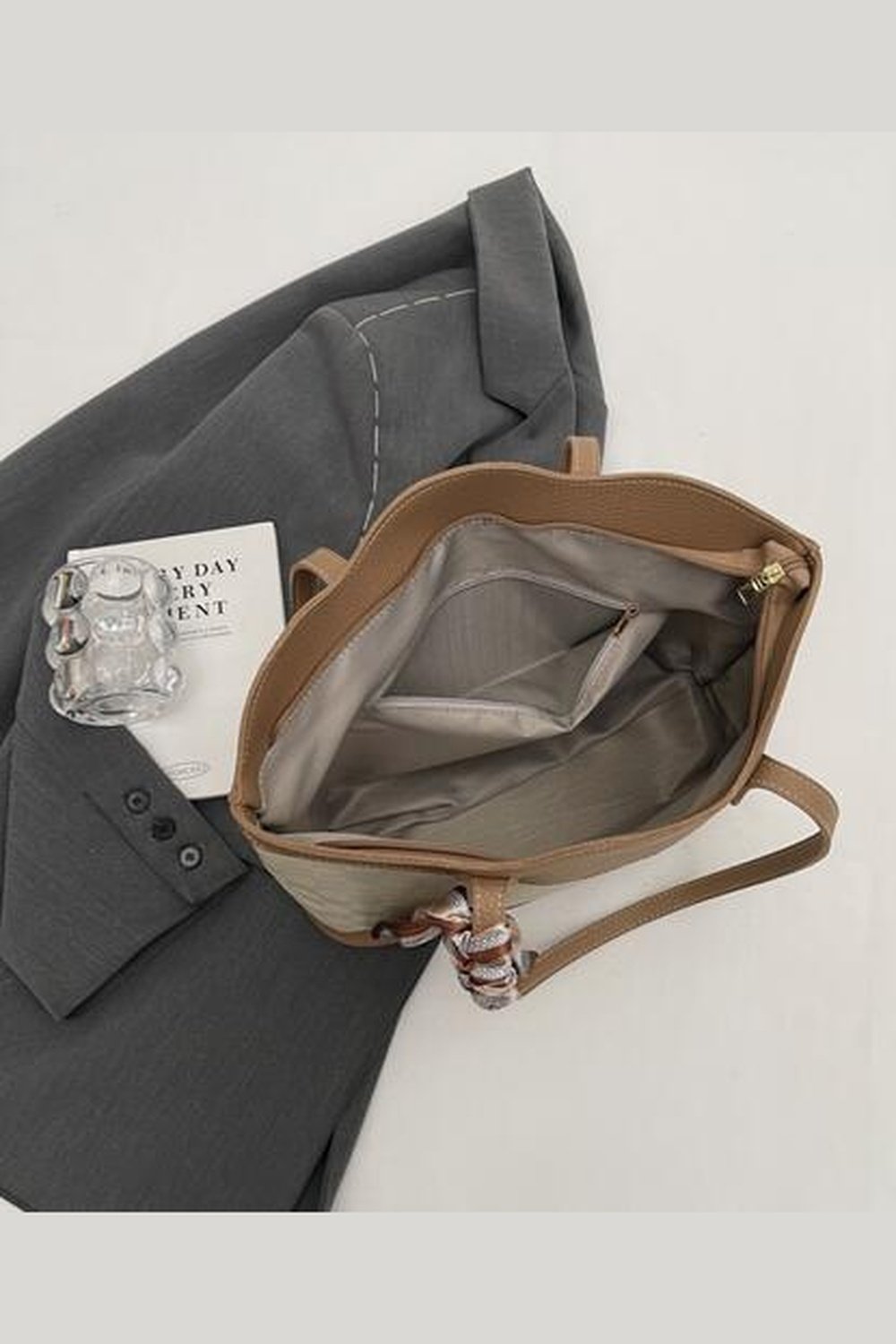 PU Leather Tied Contrast Tote Bag - Handbag - FITGGINS